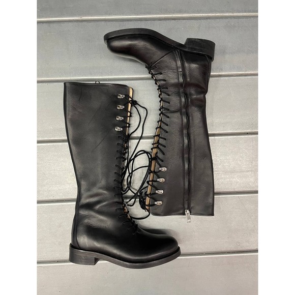 Diesel Lace Up Tall Riding Boots Womens EU 37 US 6.5 Black Leather Side Zip - Picture 1 of 12